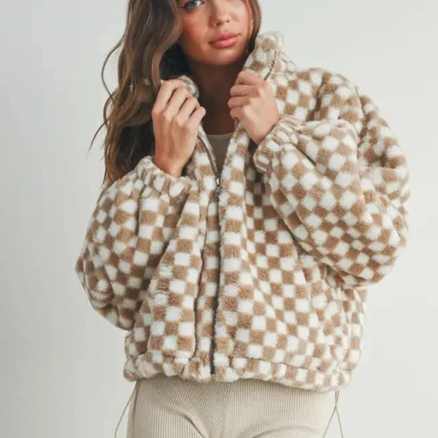 Taupe Checker Teddy Jacket