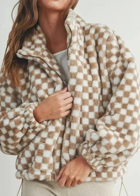 Taupe Checker Teddy Jacket